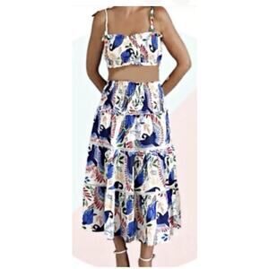 House of Harlow 1960 Womens Linen Midi Skirt Size S Multicolor Tropical Smocked